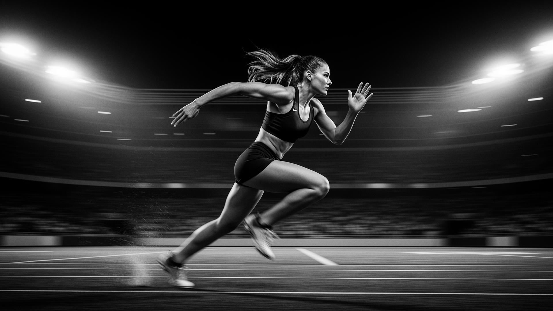 Female athlete sprinting under stadium lights